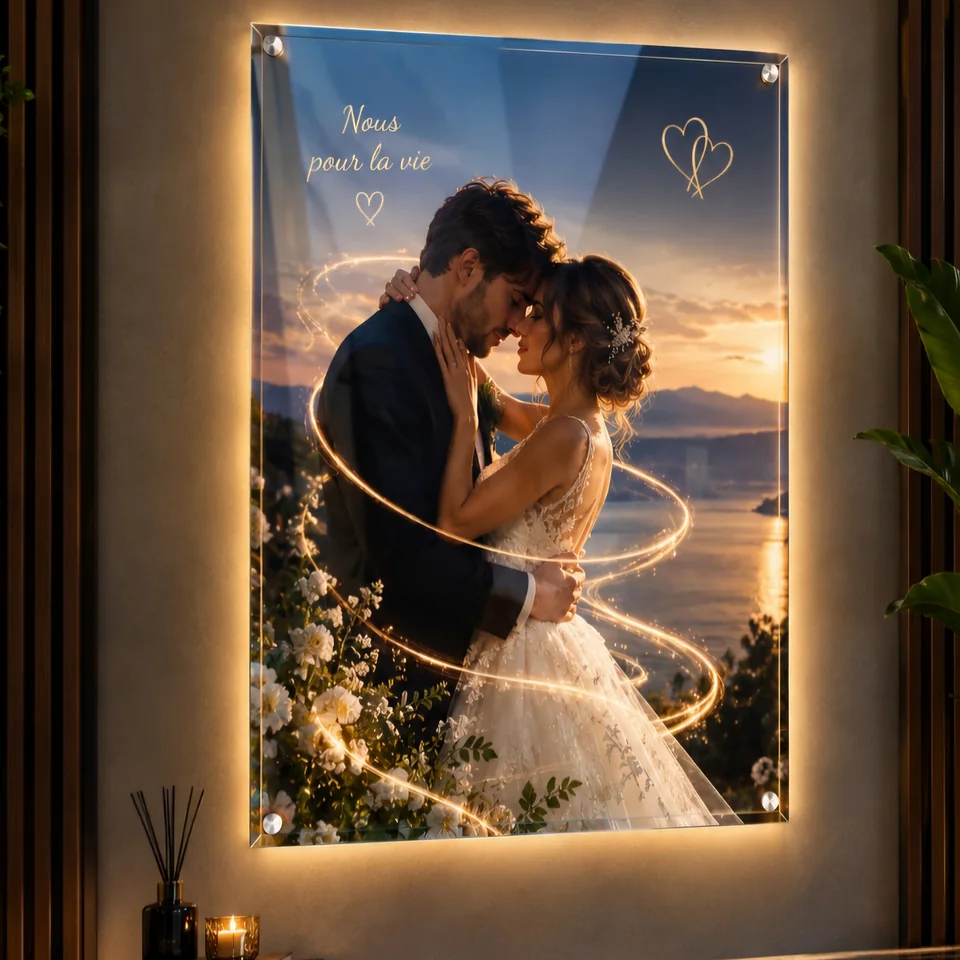 Photo de mariage sur cadre lumineux doré