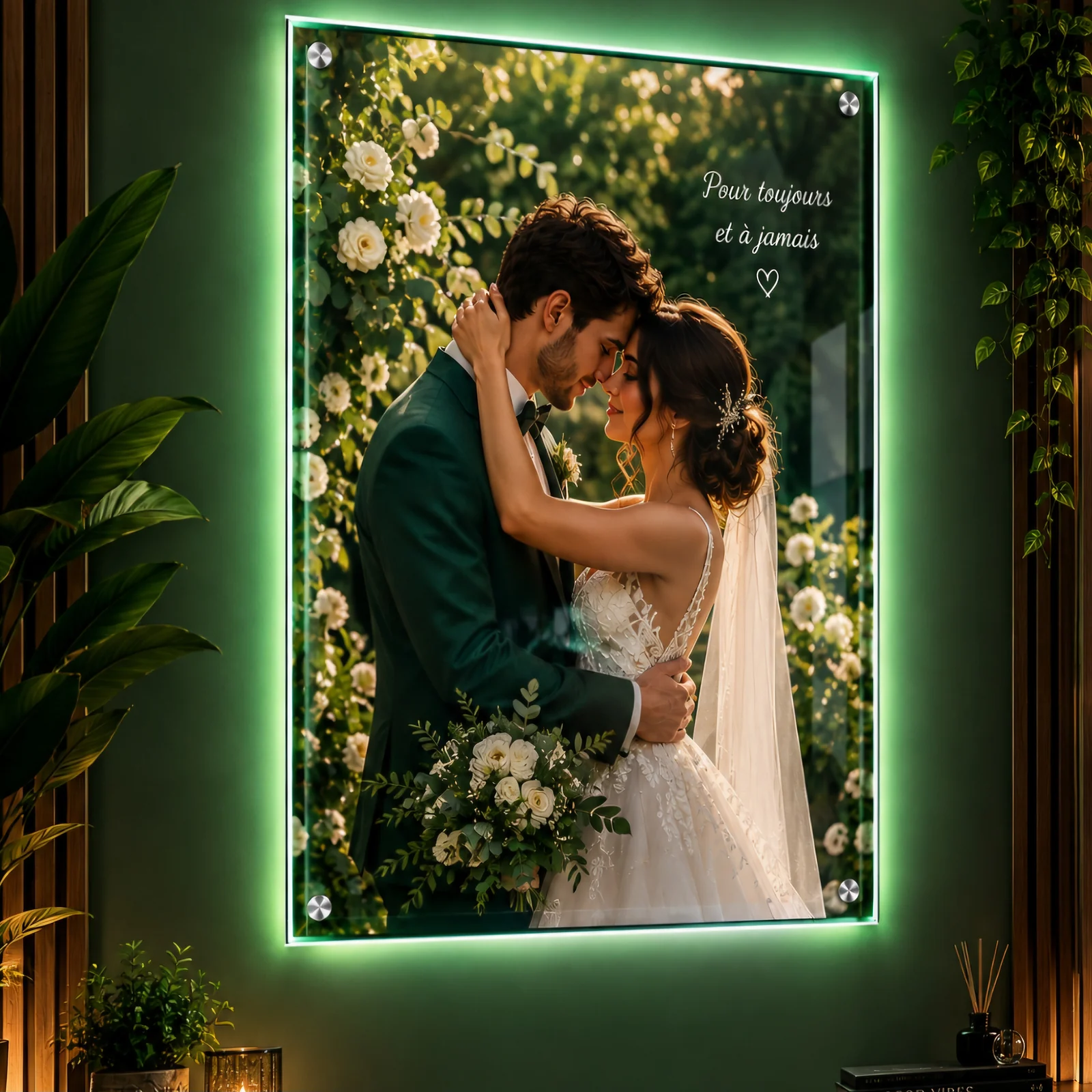 Smart lumière verte : photo de mariage sur plaque acrylique rétroéclairée