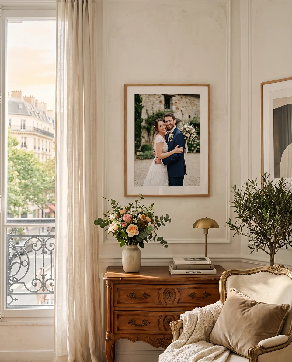 Photo de mariage encadrée dans un salon parisien