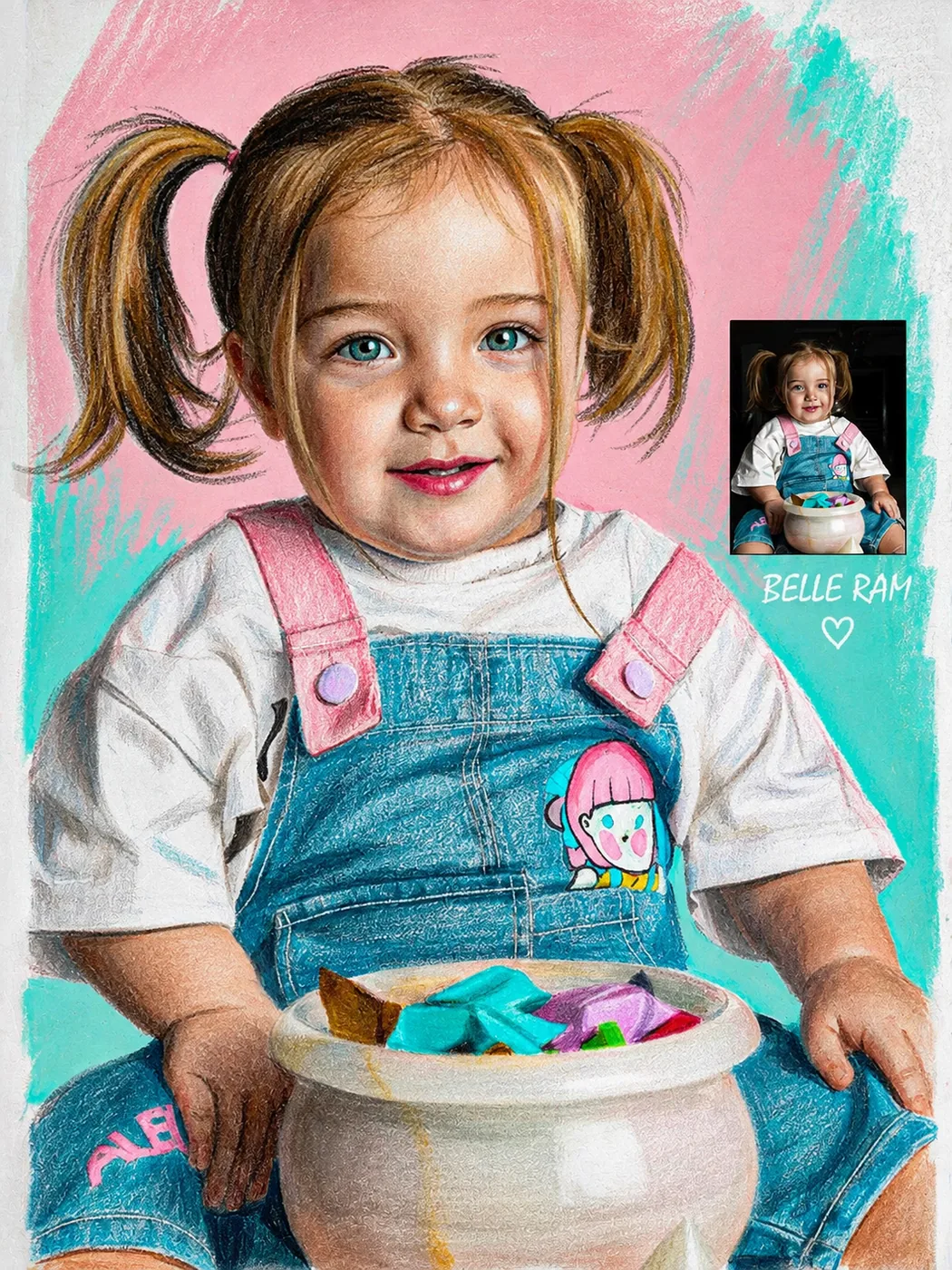 Portrait digital d'une fillette en crayons et pastels